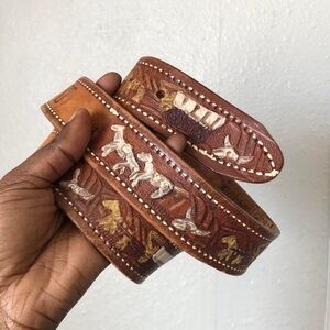 Vintage Brown Leather Western Tooled Horse Wagon Cowboy Rancher Rodeo Belt Sz 38